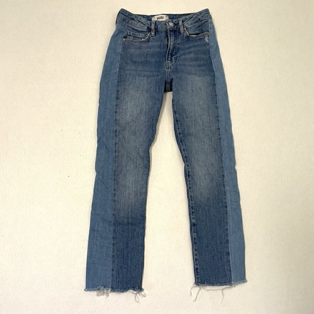 PAIGE Two-Toned High-Rise Straight Leg Raw Hem Distressed Jeans size 25